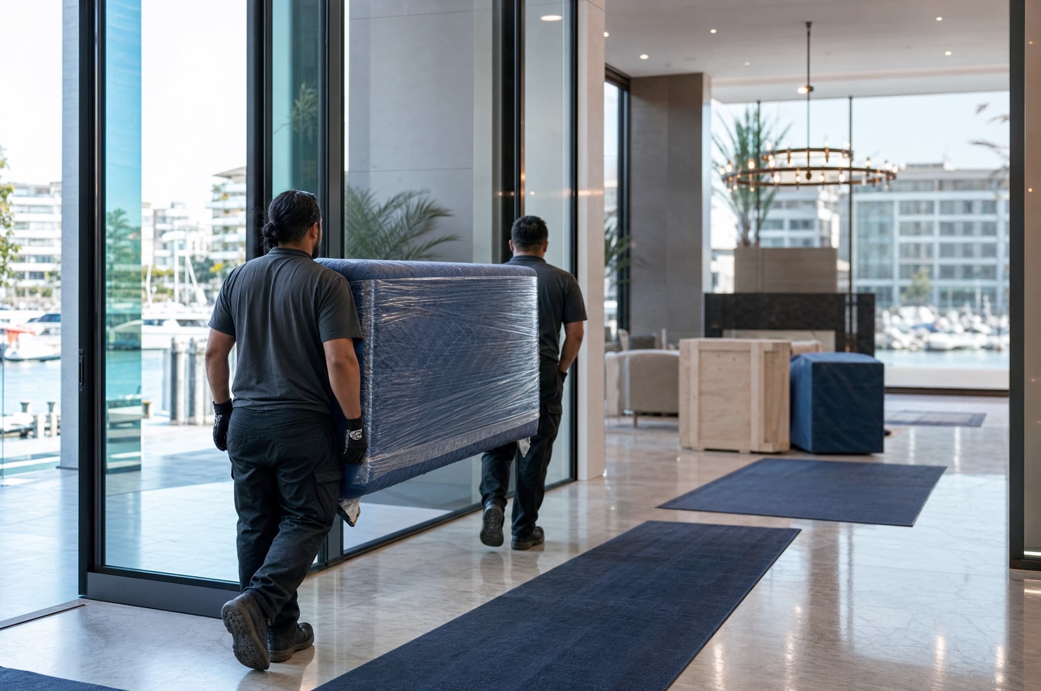 Movers carrying wrapped lobby furniture into a luxury Newport Beach high-rise lobby with protected marble floors