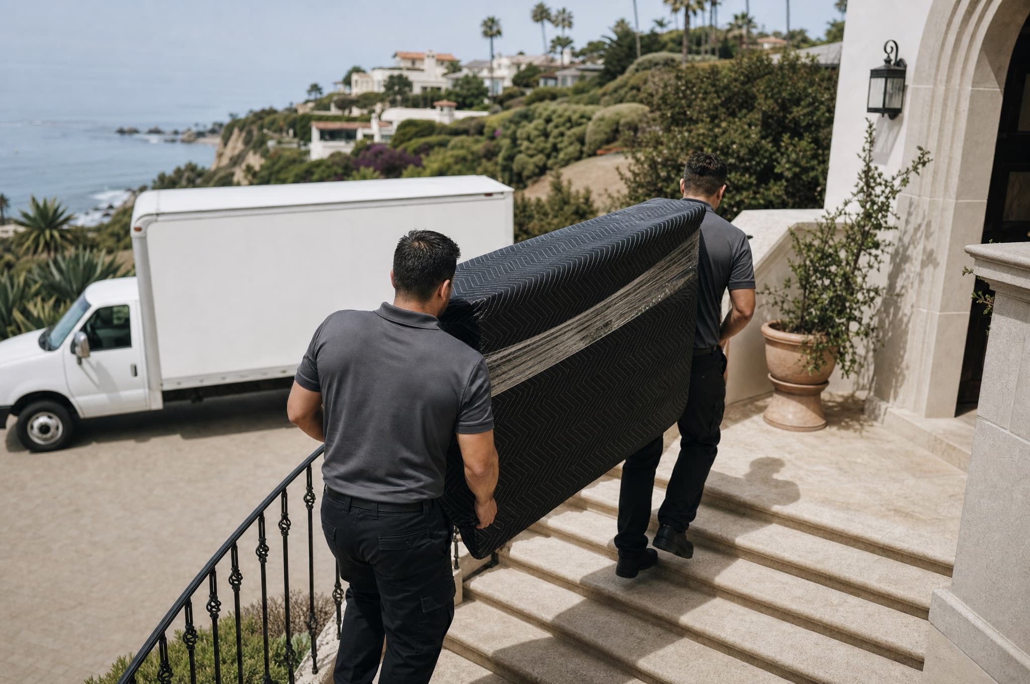 Moving crew carrying wrapped furniture up stone steps to a Spanish Colonial estate in Crystal Cove above the Pacific