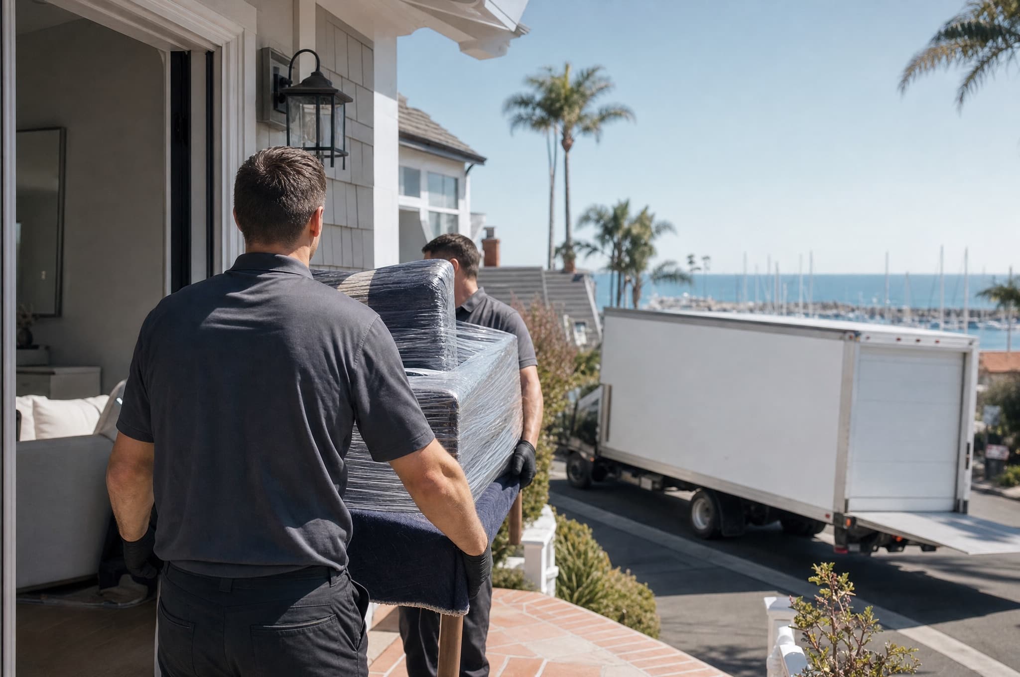 Movers carrying a wrapped dining chair into a Cape Cod-style home in the Lantern District of Dana Point with the harbor below