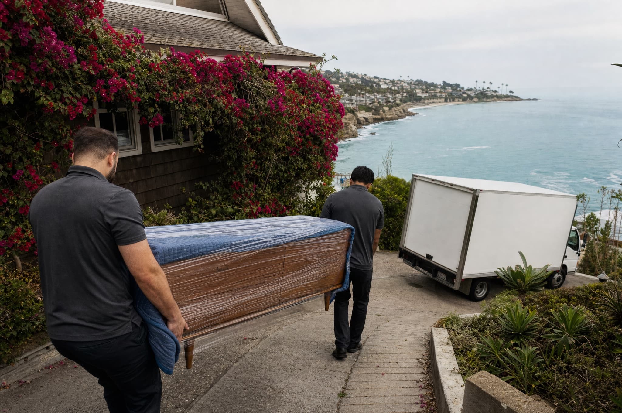 Movers carrying a wrapped credenza down a steep Laguna Beach hillside street past a bougainvillea-covered cottage