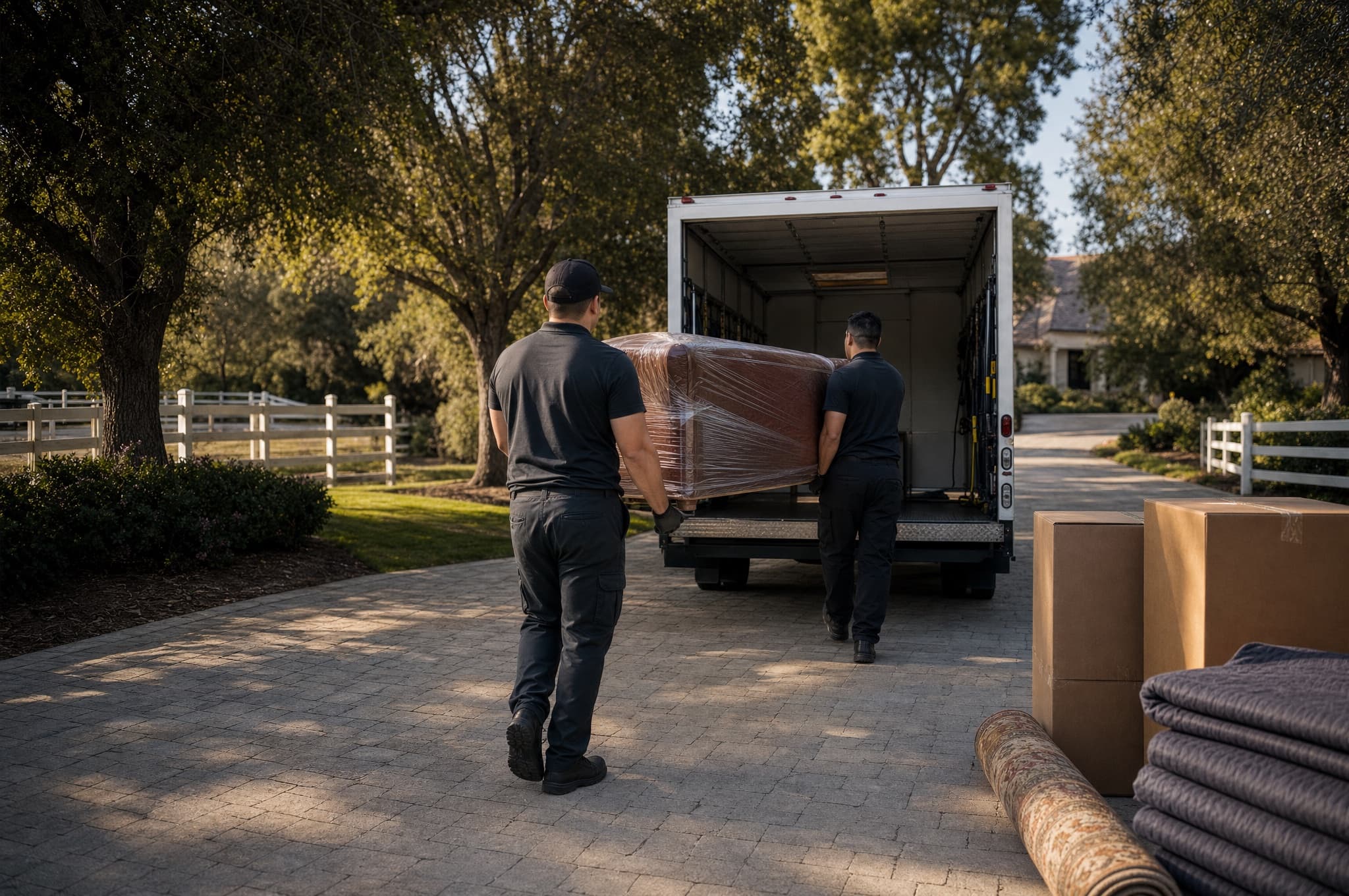 White moving truck at the end of a long driveway of an equestrian estate in Nellie Gail Ranch, Laguna Hills