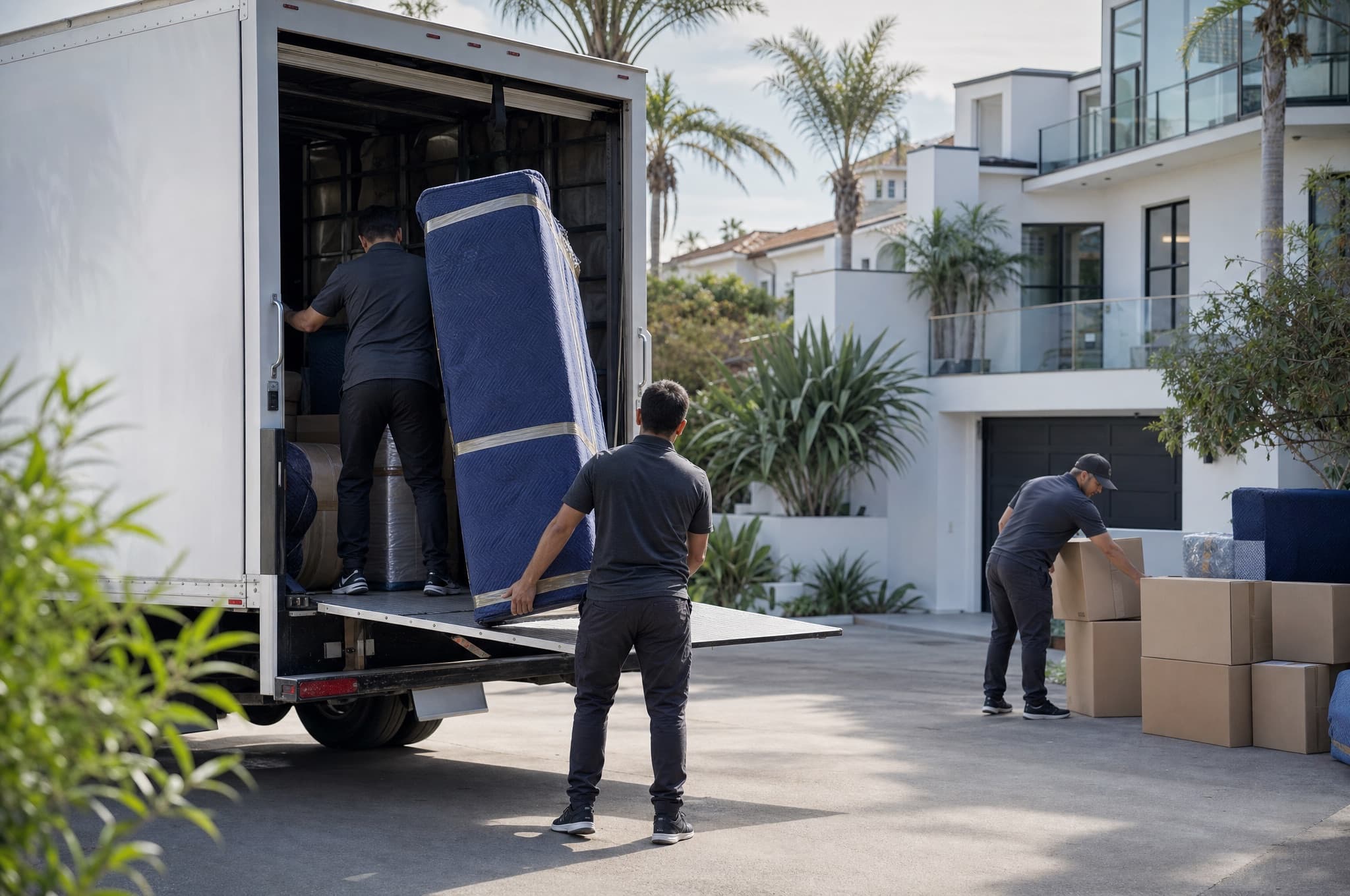Moving crew loading pad-wrapped furniture and labeled boxes onto a truck lift gate at a contemporary coastal home