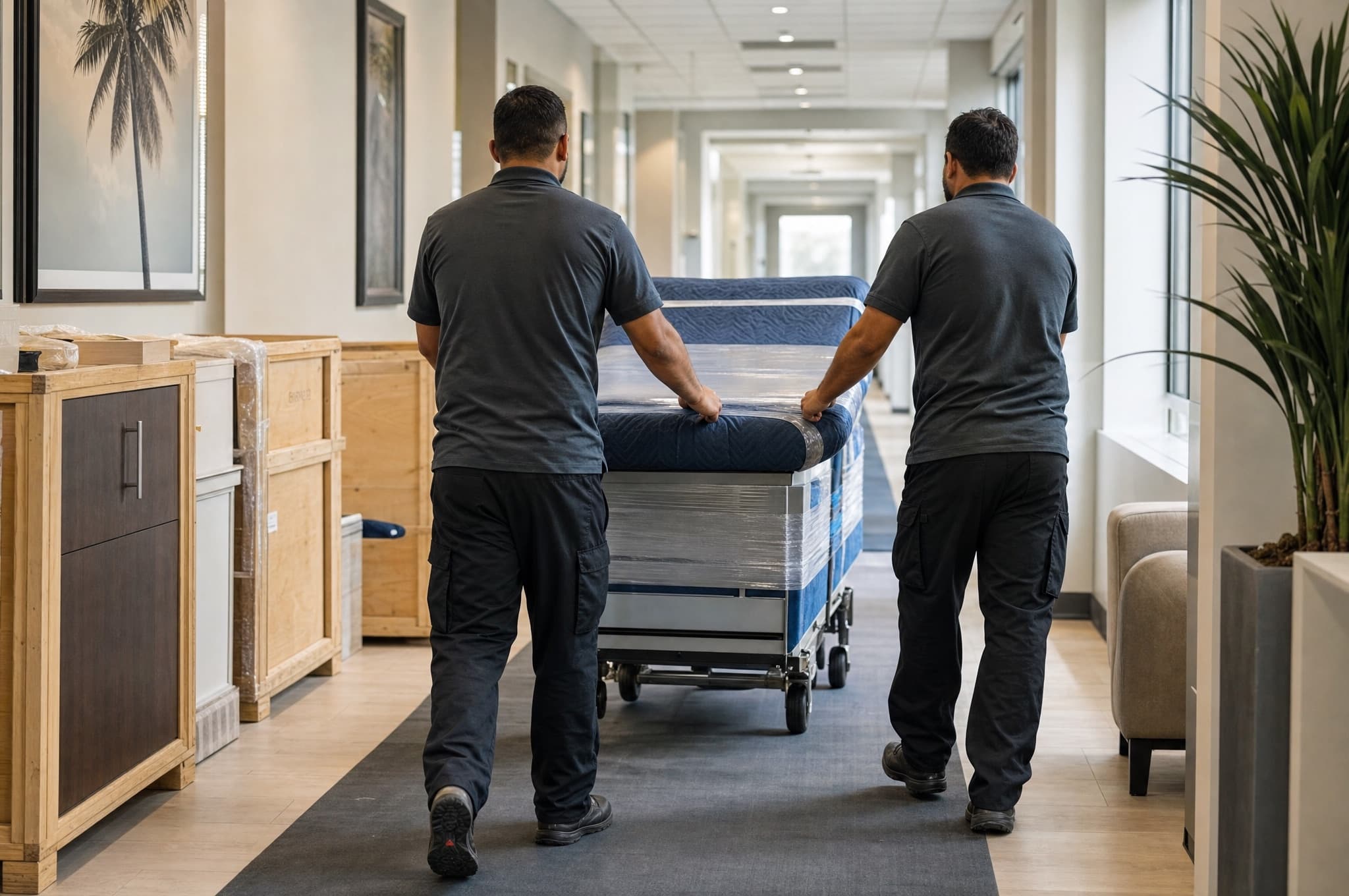 Two movers carefully moving a wrapped exam table through the hallway of a modern medical office suite
