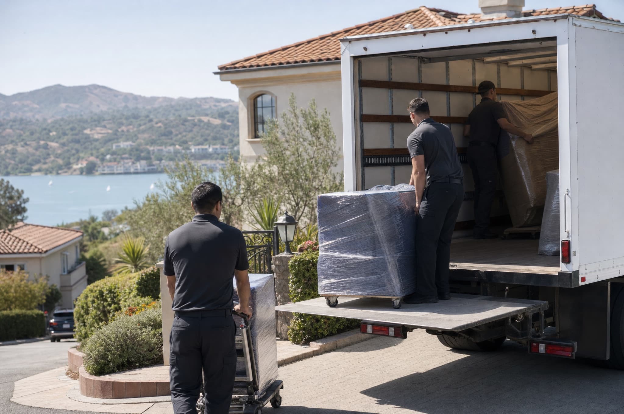 Moving crew unloading a white truck in the driveway of a hillside Mission Viejo home with Lake Mission Viejo in the distance