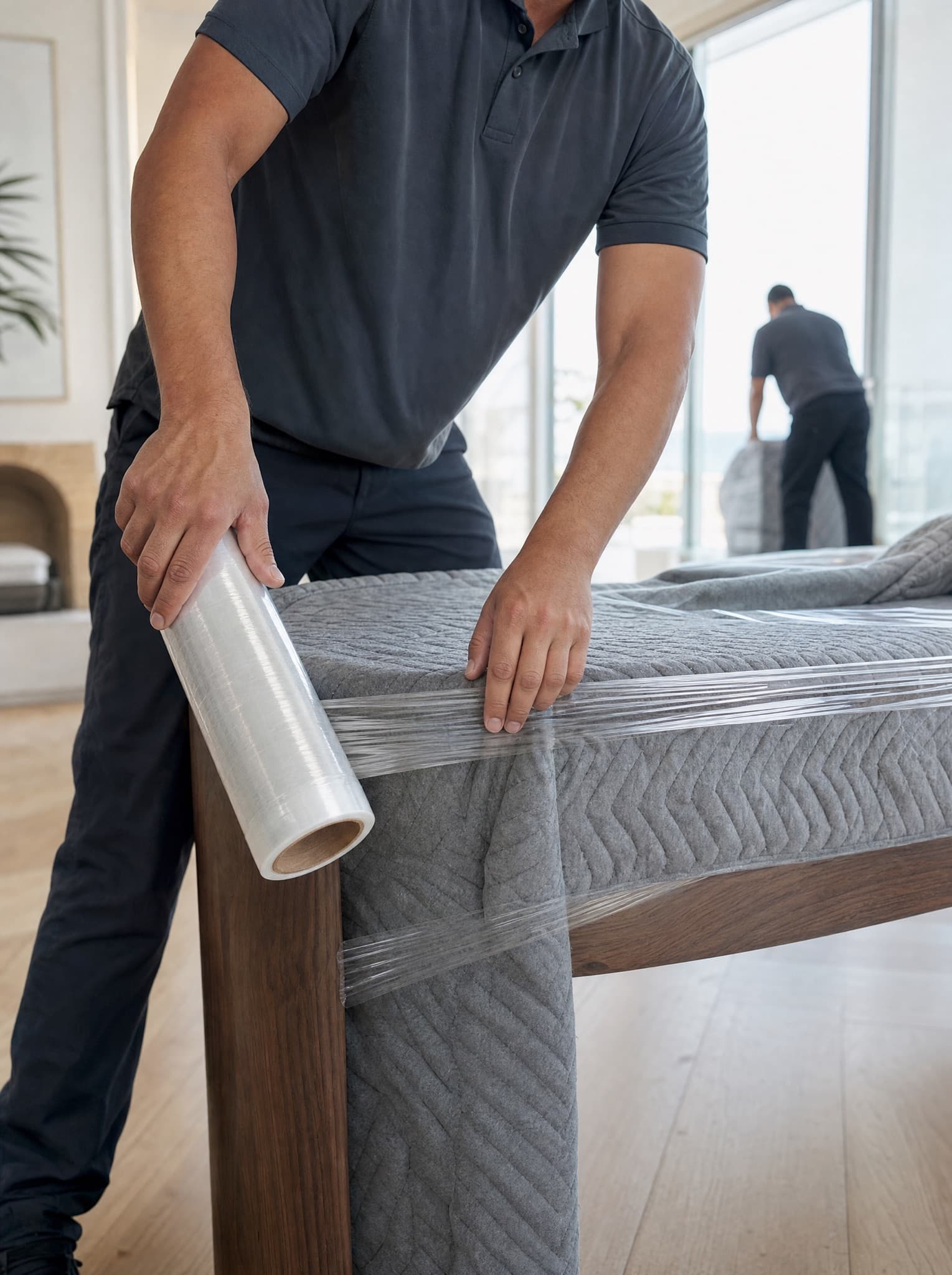 Mover's hands wrapping a walnut dining table in a quilted moving blanket inside a coastal Orange County living room