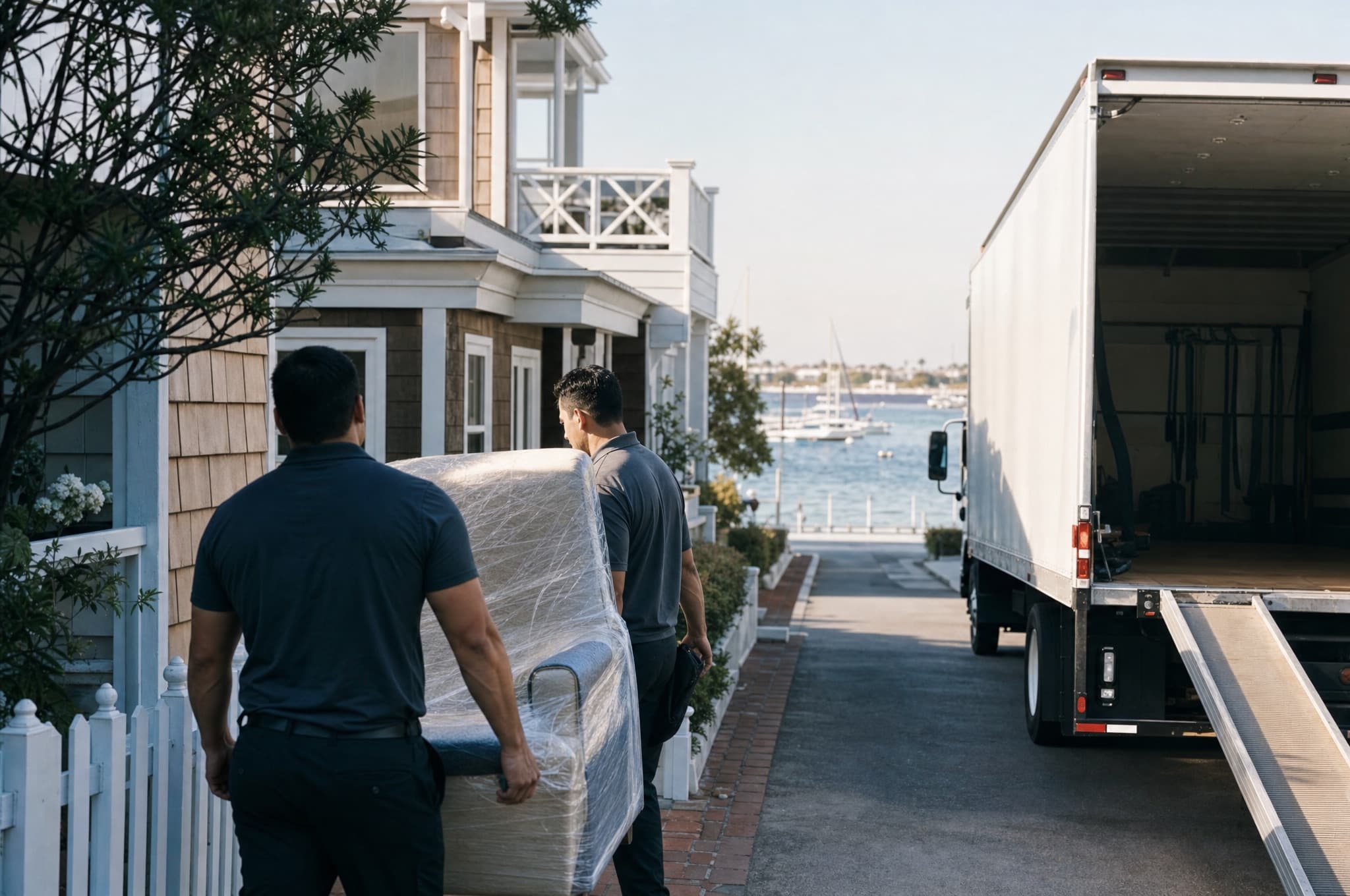 White moving truck on a narrow Balboa Island street in Newport Beach while movers carry a wrapped armchair from a bayfront cottage