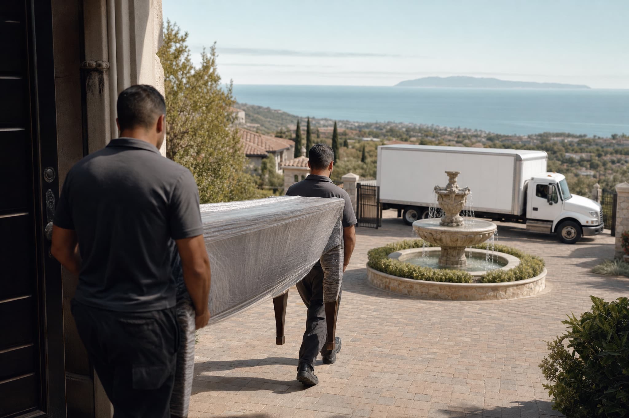Movers carrying a wrapped console table into a Tuscan-style Newport Coast estate with a stone fountain and ocean view