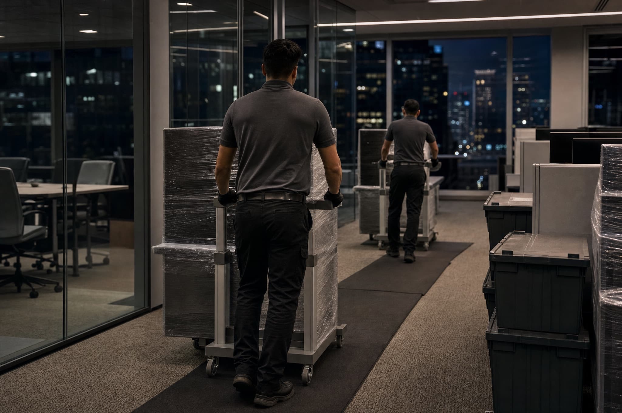 Movers rolling wrapped standing desks through a modern glass office at night during an after-hours office move