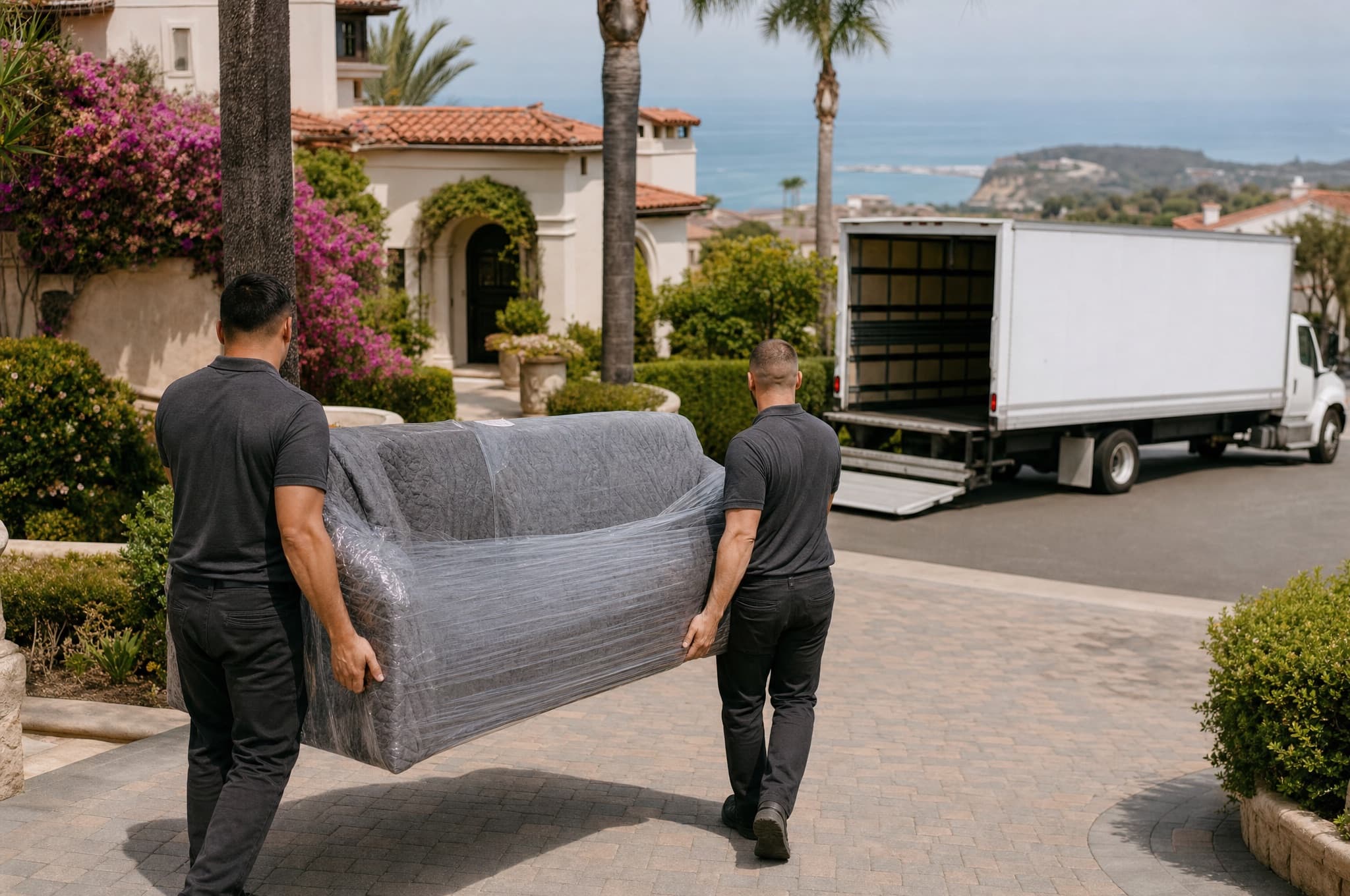 Two uniformed movers carrying a blanket-wrapped sofa up the driveway of a Newport Coast estate toward a white moving truck