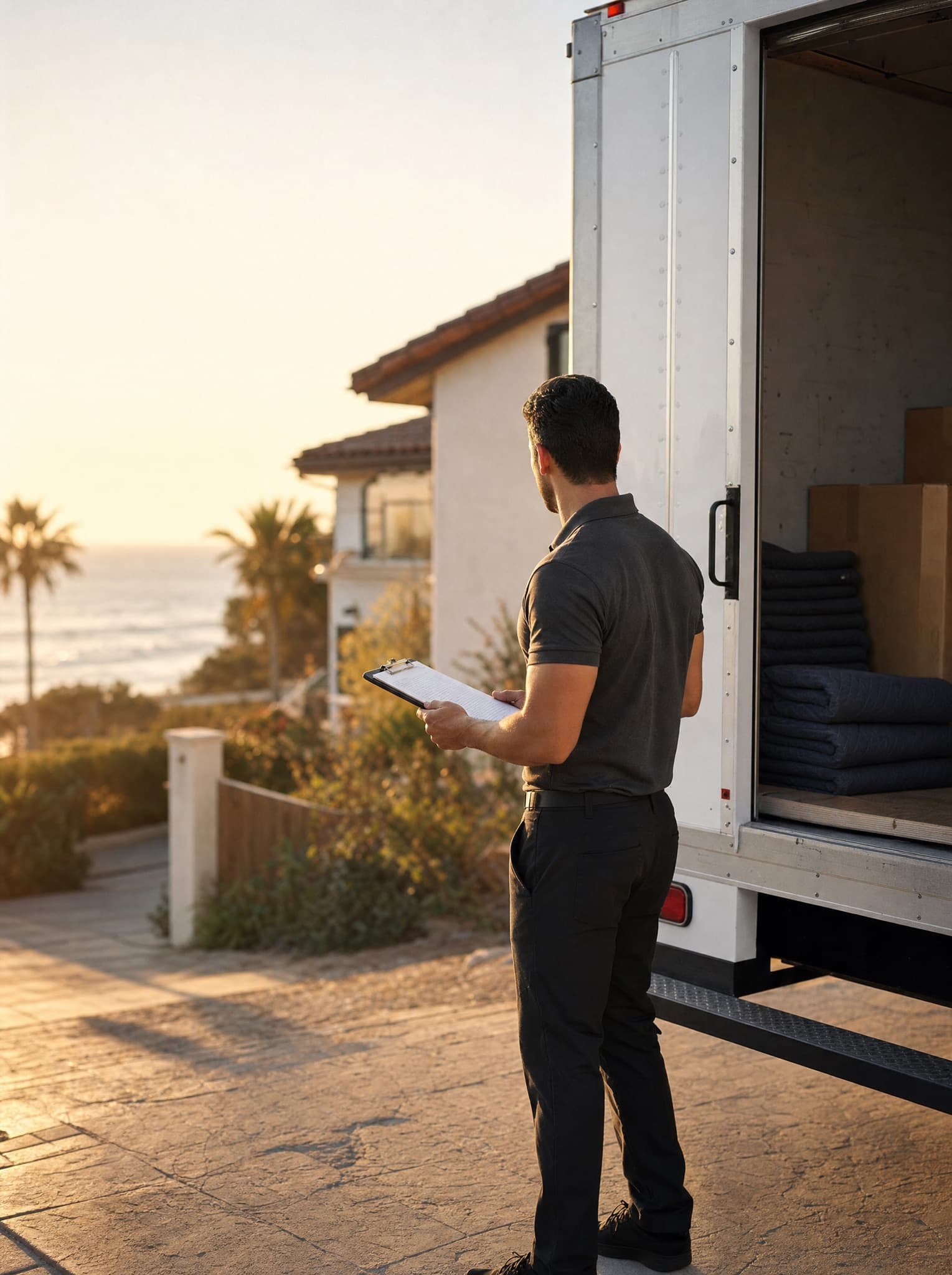 Owner of the moving company standing beside the open moving truck at golden hour reviewing a move checklist