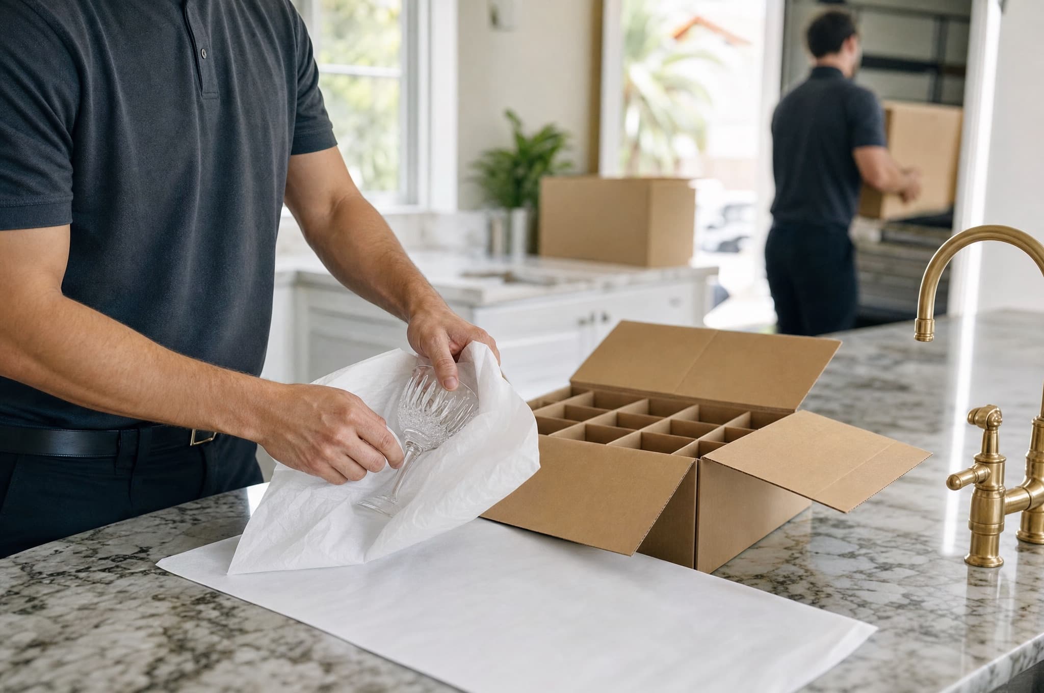 Mover wrapping crystal stemware in packing paper over a marble kitchen island beside an open dish-pack box